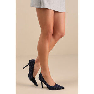 Lulus Kennett Navy Pinstripe Pointed-toe Pumps Blue - Size 8.5